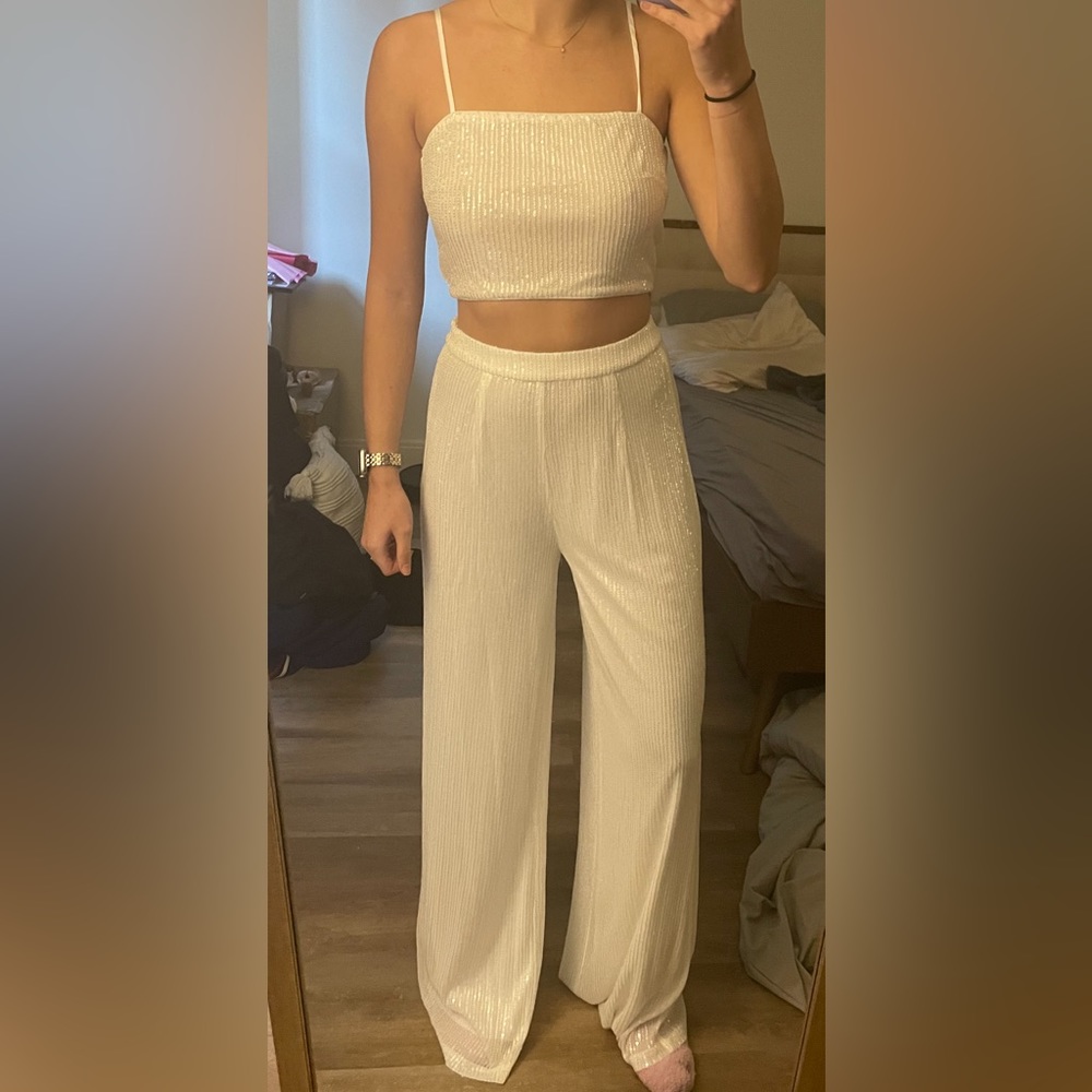 12th tribe Soiree White Sequin pants and cropped top! Size small, never worn.